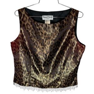 NEW Vintage Ronnie Nichole Leopard Shimmer Sleeveless Top with beaded fringe